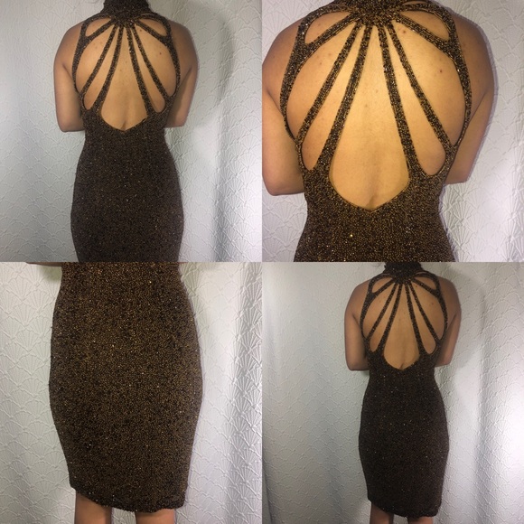 Tootsies bronze pure silk & beading open back mini - Picture 3 of 5